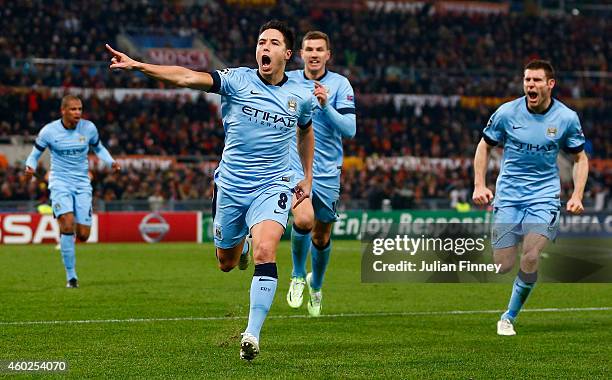 Samir Nasri of Manchester City celebrates scoring the first goal during the UEFA Champions League Group E match between AS Roma and Manchester City...