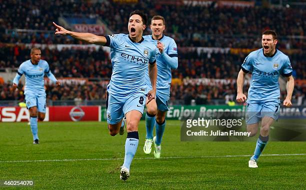 Samir Nasri of Manchester City celebrates scoring the first goal during the UEFA Champions League Group E match between AS Roma and Manchester City...