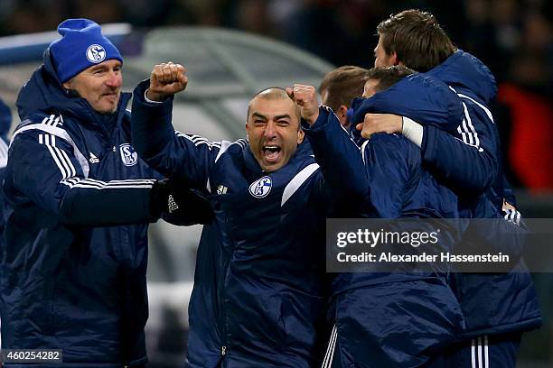 Roberto Di Matteo, head coach of Schalke celebrates after winning the UEFA Group G Champions League match between NK Maribor and FC Schalke 04 at...