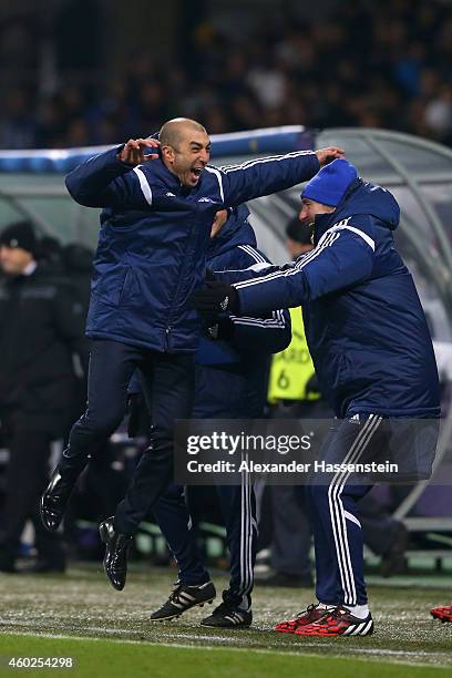 Roberto Di Matteo, head coach of Schalke celebrates after winning the UEFA Group G Champions League match between NK Maribor and FC Schalke 04 at...