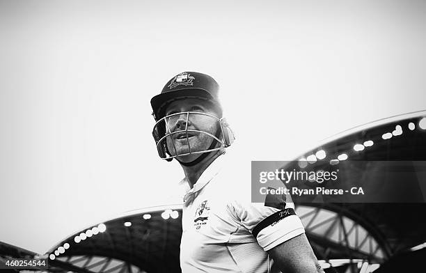 Michael Clarke of Australia walks out to bat during day two of the First Test match between Australia and India at Adelaide Oval on December 10, 2014...