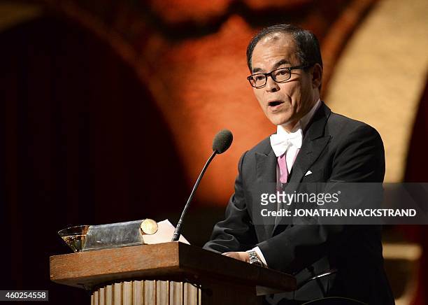 The Nobel Physics laureate 2014 Shuji Nakamura of the California University, Santa Barbara, addresses the traditional Nobel Prize banquet at the...