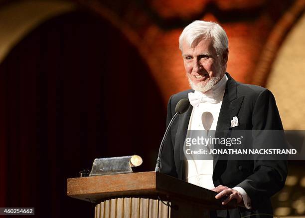 The 2014 Nobel laureates in medicine John O'Keefe addresses the traditional Nobel Prize banquet at the Stockholm City Hall on December 10, 2014...