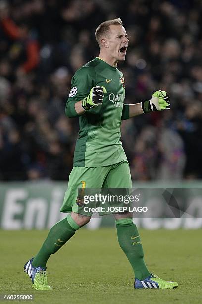 Barcelona's German goalkeeper Marc-Andre ter Stegen celebrates during the UEFA Champions League Group F football match FC Barcelona vs Paris...