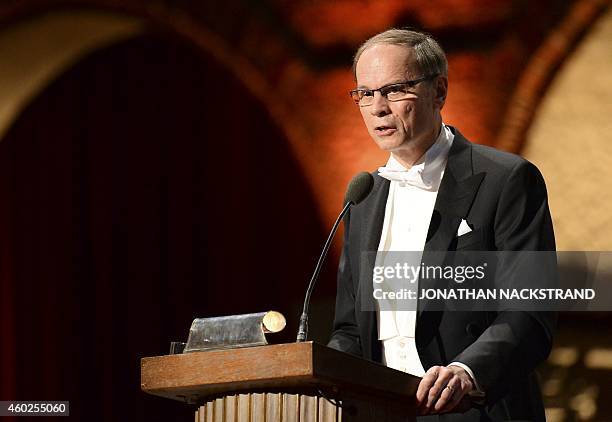 The 2014 Nobel economic sciences laureate French Jean Tirole from Toulouse 1 Capitole University, addresses the traditional Nobel Prize banquet at...