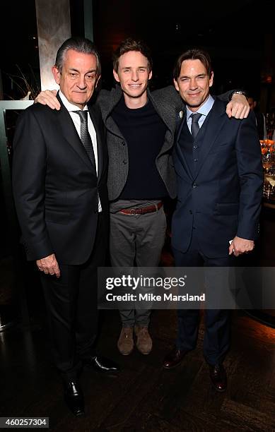 President of Omega Stephen Urquhart, actors Eddie Redmayne and Dougray Scott attend the Omega Oxford Street Store Opening Party at The Shard on...