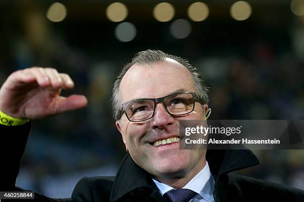 Schalke CEO Clemens Toennies reacts prior to the UEFA Group G Champions League match between NK Maribor and FC Schalke 04 at Ljudski vrt Stadium on...