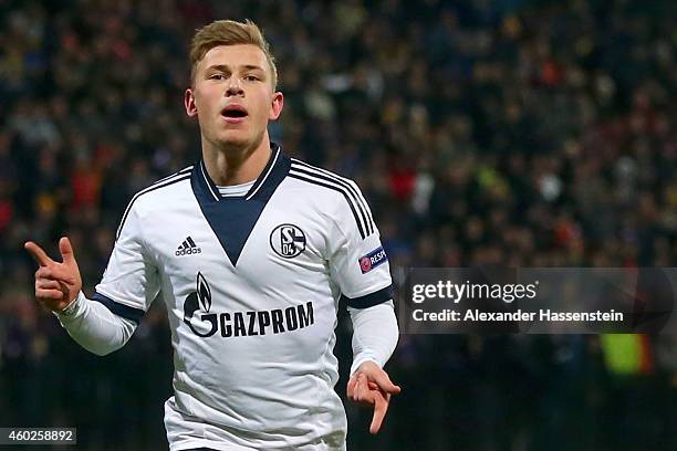 Max Meyer of Schalke celebrates scoring the opening goal during the UEFA Group G Champions League match between NK Maribor and FC Schalke 04 at...