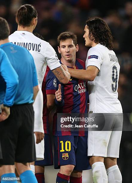 Lionel Messi of FC Barcelona shakes hands with Zlatan Ibrahimovic and Edinson Cavani of PSG at the end of the UEFA Champions League Group F match...