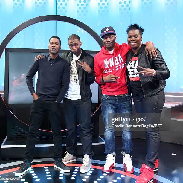 Comedians Chris Rock, Jay Pharoah, Michael Che, and Leslie Jones attend 106 & Park at BET studio on December 8, 2014 in New York City.