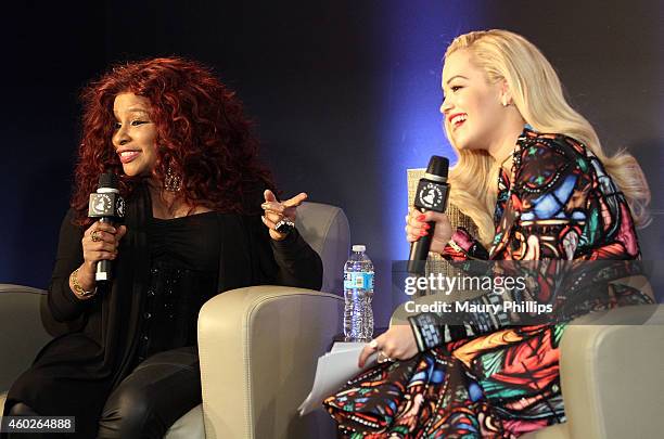 Chaka Kahn and Rita Ora speak onstage during GRAMMY U Off The Record With Chaka Kahn at The Recording Academy on December 9, 2014 in Los Angeles,...