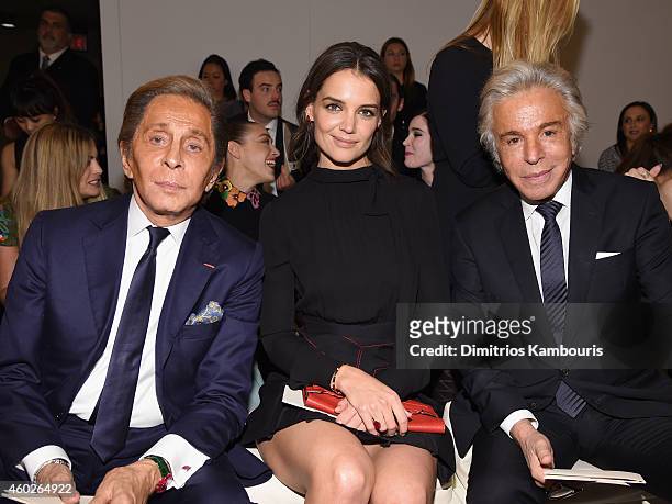 Valentino Garavani, Katie Holmes, and Giancarlo Giammetti attend the Valentino Sala Bianca 945 Event on December 10, 2014 in New York City.