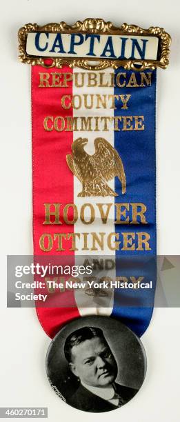 Red, white, and blue striped silk satin ribbon with inscription imprinted in gold: 'REPUBLICAN/COUNTY/COMMITTEE/HOOVER/OTTINGER/AND/VICTORY,' 1928....