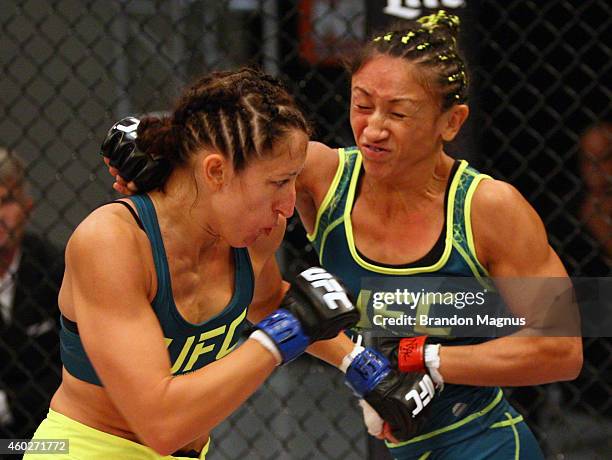 Team Pettis fighter Carla Esparza punches team Pettis fighter Jessica Penne during filming of season twenty of The Ultimate Fighter on August 14,...