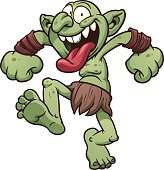 Cartoon of a crazy green troll dressed in bearskin