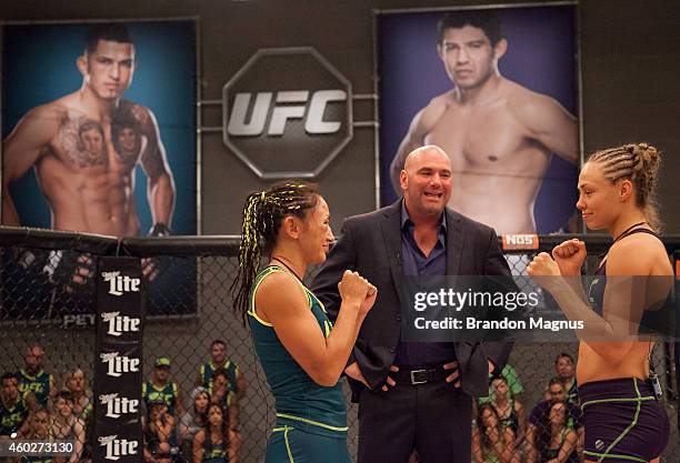 Team Melendez fighter Rose Namajunas faces off against team Pettis fighter Carla Esparza during filming of season twenty of The Ultimate Fighter on...