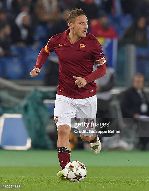 Francesco Totti of AS Roma in action during the UEFA Champions League Group E match between AS Roma and Manchester City FC at Stadio Olimpico on...