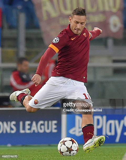 Francesco Totti of AS Roma in action during the UEFA Champions League Group E match between AS Roma and Manchester City FC at Stadio Olimpico on...