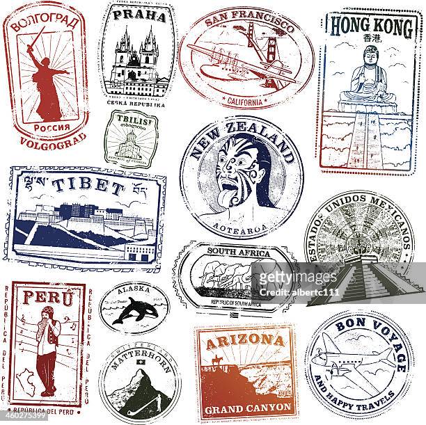 welt wahrzeichen briefmarken - passport stamp stock-grafiken, -clipart, -cartoons und -symbole