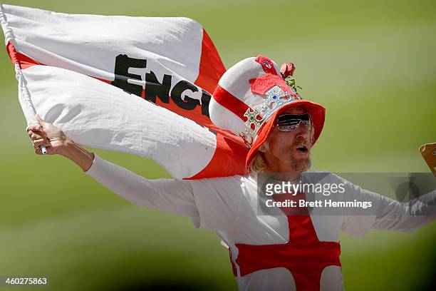 English fan Vic Flowers shows his support during day one of the Fifth Ashes Test match between Australia and England at Sydney Cricket Ground on...