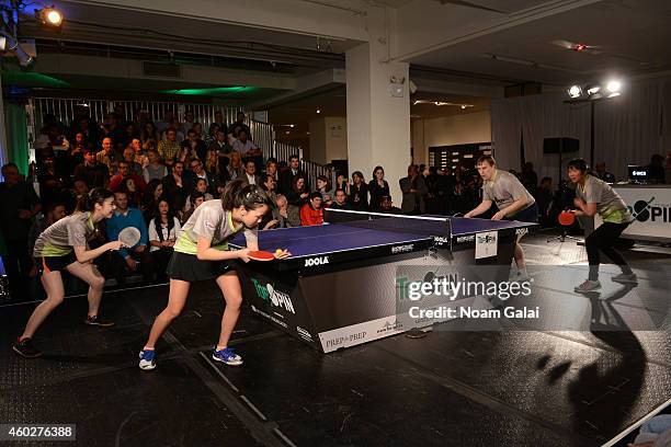 American table tennis players Erica Wu and Ariel Hsing participate in a tournament at the 6th annual New York City TopSpin Charity event at...