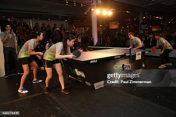 American table tennis players Erica Wu and Ariel Hsing participate in a tournament at the 6th annual New York City TopSpin Charity event at...