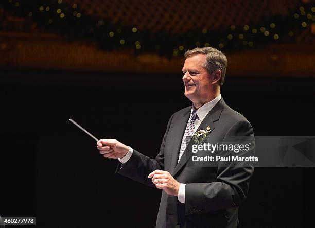 Massachusetts Governor Elect Charlie Baker conducts "Sleigh Ride" with Keith Lockhart and the Boston Pops at A Company Christmas At Pops at Symphony...