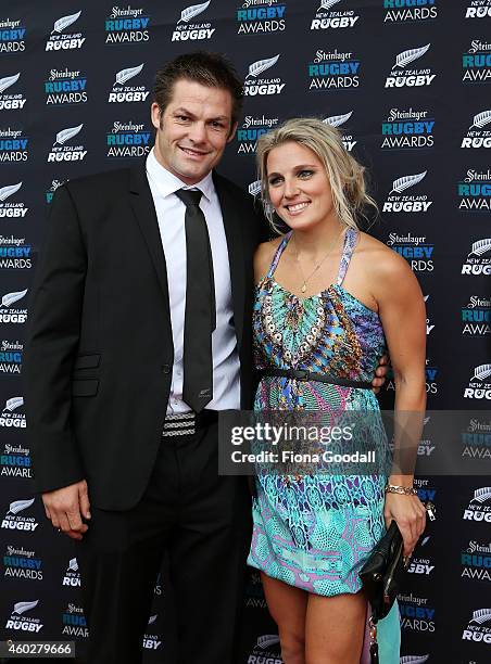 All Black captain Richie McCaw arrives with partner Gema Flynn to the Viaduct Events Centre for the 2014 Steinlager Awards on December 11, 2014 in...