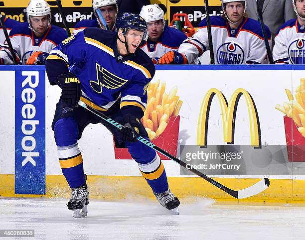Carl Gunnarsson of the St. Louis Blues skates against the Edmonton Oilers on November 28, 2014 at Scottrade Center in St. Louis, Missouri.