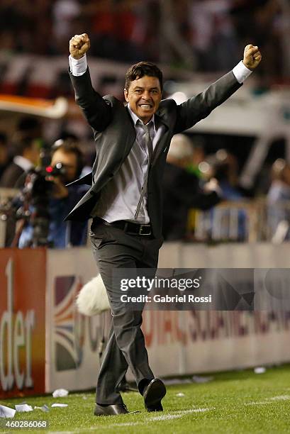 Marcelo Gallardo coach of of River Plate celebrates their team's first goal scored by Gabriel Mercado during a second leg final match between River...