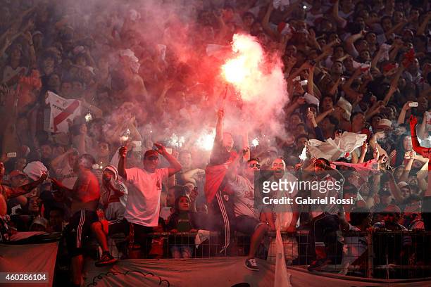 Fans of River Plate cheer their team during a second leg final match between River Plate and Atletico Nacional as part of Copa Total Sudamericana...