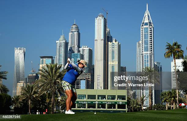 Shanshan Feng of China plays into the 16th green during the second round of the Omega Dubai Ladies Masters on the Majlis Course at the Emirates Golf...