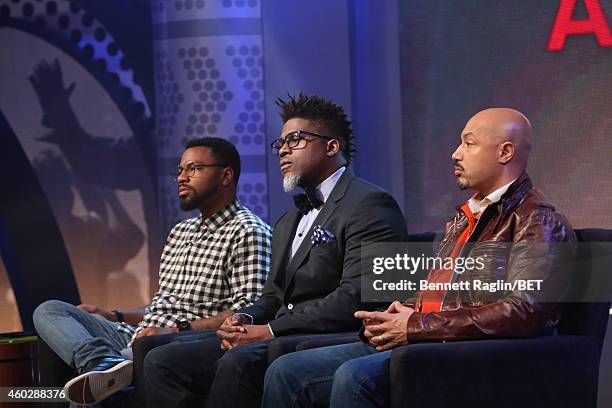 Phillip Agnew, David Banner, and Kristen Foy attend Justice For Us:BET Town Hall Live at BET studio on December 10, 2014 in New York City.