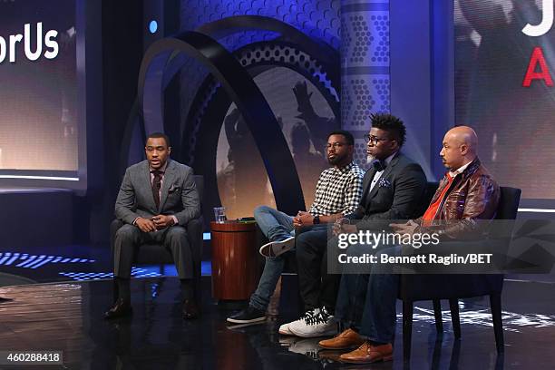 Marc Lamont Hill, Phillip Agnew, David Banner, and Kristen Foy attend Justice For Us:BET Town Hall Live at BET studio on December 10, 2014 in New...