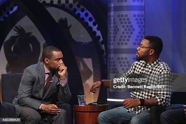 Marc Lamont Hill and Phillip Agnew, attend Justice For Us:BET Town Hall Live at BET studio on December 10, 2014 in New York City.