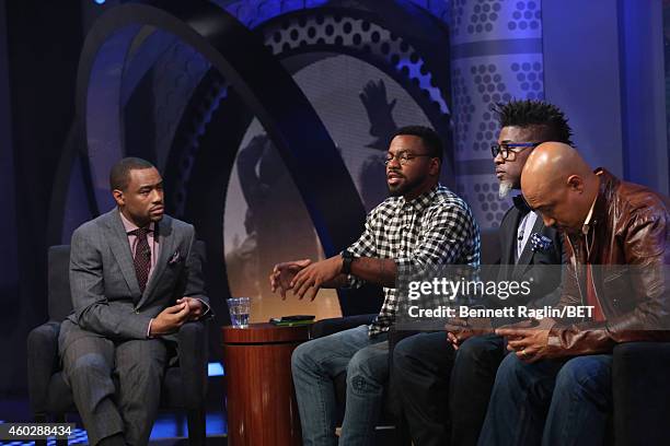 Marc Lamont Hill, Phillip Agnew, David Banner, and Kristen Foy attend Justice For Us:BET Town Hall Live at BET studio on December 10, 2014 in New...