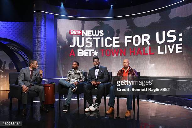 Marc Lamont Hill, Phillip Agnew, David Banner, and Kristen Foy attend Justice For Us:BET Town Hall Live at BET studio on December 10, 2014 in New...