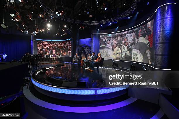 Marc Lamont Hill, Phillip Agnew, David Banner, and Kristen Foy attend Justice For Us:BET Town Hall Live at BET studio on December 10, 2014 in New...