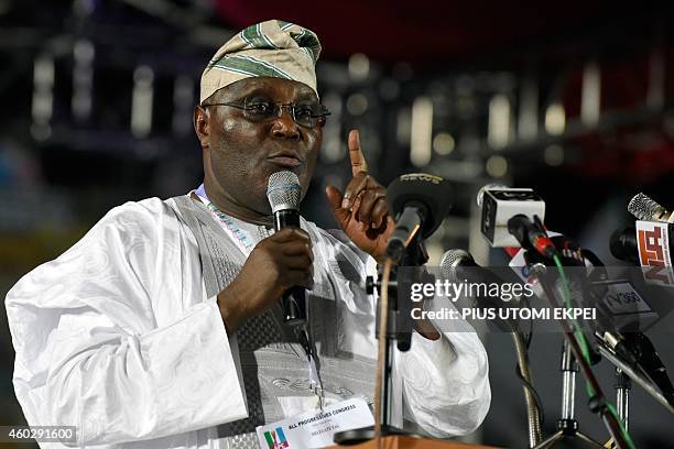 Former vice-president and presidential aspirant of the opposition All Progressives Congress Atiku Abubakar speaks during the presidential primary of...