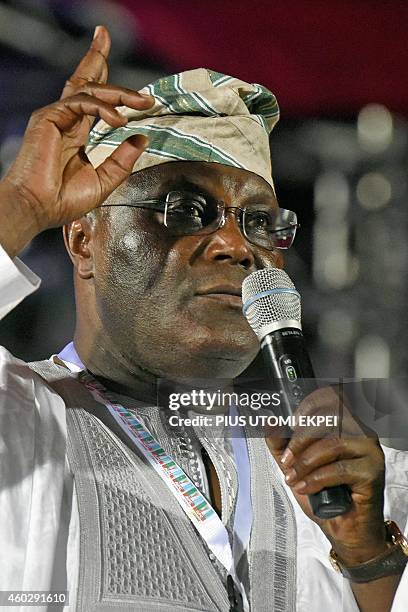 Former vice-president and presidential aspirant of the opposition All Progressives Congress Atiku Abubakar speaks during the presidential primary of...