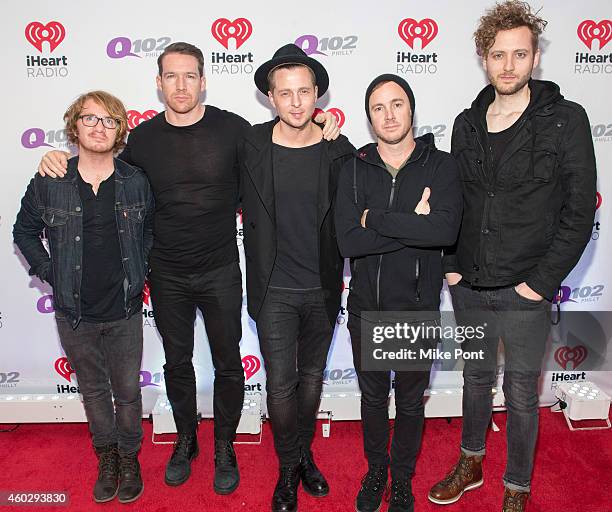 Musicians Drew Brown, Zach Filkins, Ryan Tedder, Eddie Fisher, and Brent Kutzle of the band OneRepublic attend Q102's Jingle Ball on December 10,...