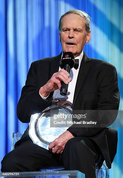 Dick Little John receives the Steinlarger Salver for an Outstanding Contribution to New Zealand Rugby during the 2014 Steinlager Awards on December...