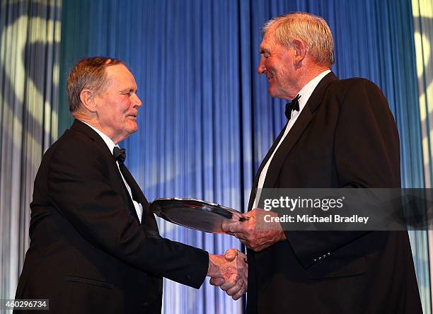 Dick Little John receives the Steinlarger Salver for an Outstanding Contribution to New Zealand Rugby from Sir Brian Lochore during the 2014...