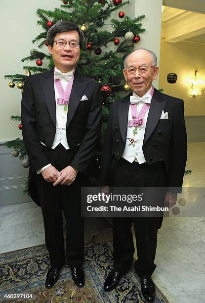 Nobel Prize in Physics laureates Hiroshi Amano and Isamu Akasaki are seen before the Nobel Prize Awards Ceremony on December 10, 2014 in Stockholm,...