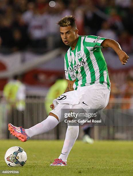 Edwin Cardona of Atletico Nacional kicks the ball during a second leg final match between River Plate and Atletico Nacional as part of Copa Total...