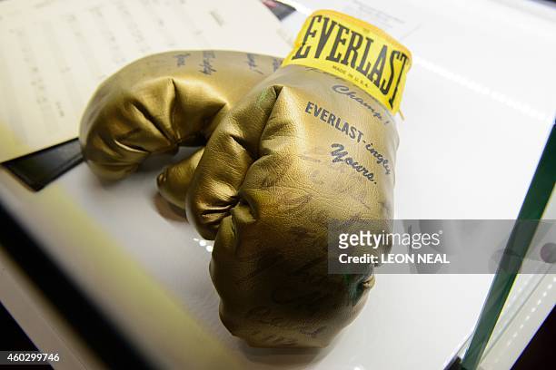 Singer Elvis Presley's boxing gloves, signed by boxer Muhammad Ali, are displayed during a photocall for the "Elvis at the O2" exhibition in London...