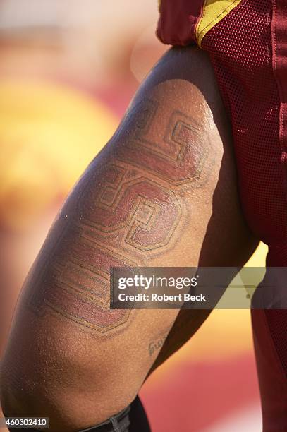 Closeup view of USC players arms with USC tattoo during game vs Notre Dame at Los Angeles Memorial Coliseum. Los Angeles, CA CREDIT: Robert Beck