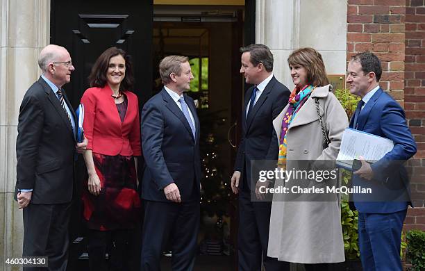 Prime Minister David Cameron and Irish Taoiseach Enda Kenny alongside Northern Ireland Secretary of State Theresa Villiers and Irish Tanaiste Joan...