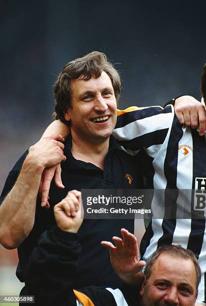 Notts County manager Neil Warnock celebrates after the League Division Two play off Final victory against Brighton at Wembley Stadium on June 2, 1991...