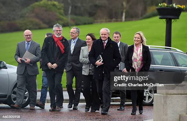 The Sinn Fein delegation including Martin McGuinness and Gerry Adams arrive for cross party talks at Stormont on December 11, 2014 in Belfast,...